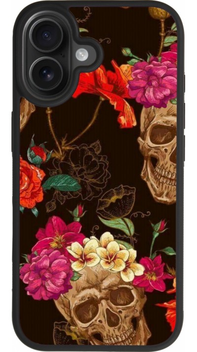 Coque iPhone 17 - Silicone rigide noir Skulls and flowers