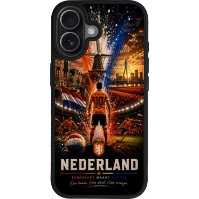 Coque iPhone 17 - Silicone rigide noir Football Pays-Bas splash 2026