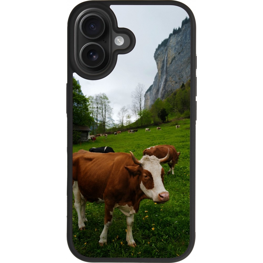Coque iPhone 17 - Silicone rigide noir Fête Nationale Suisse Vaches