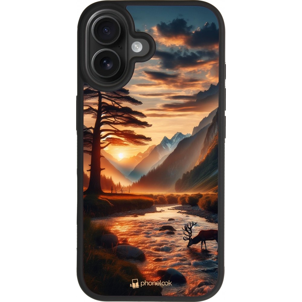 Coque iPhone 17 - Silicone rigide noir Valley Sunset Deer Tree