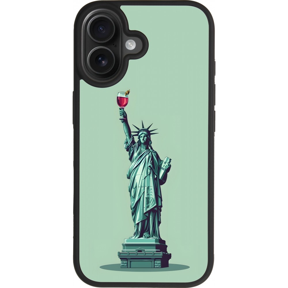 Coque iPhone 17 - Silicone rigide noir Wine Statue de la liberté avec un verre de vin