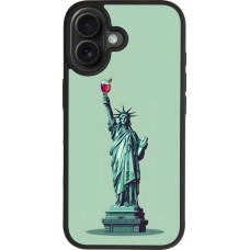 Coque iPhone 17 - Silicone rigide noir Wine Statue de la liberté avec un verre de vin