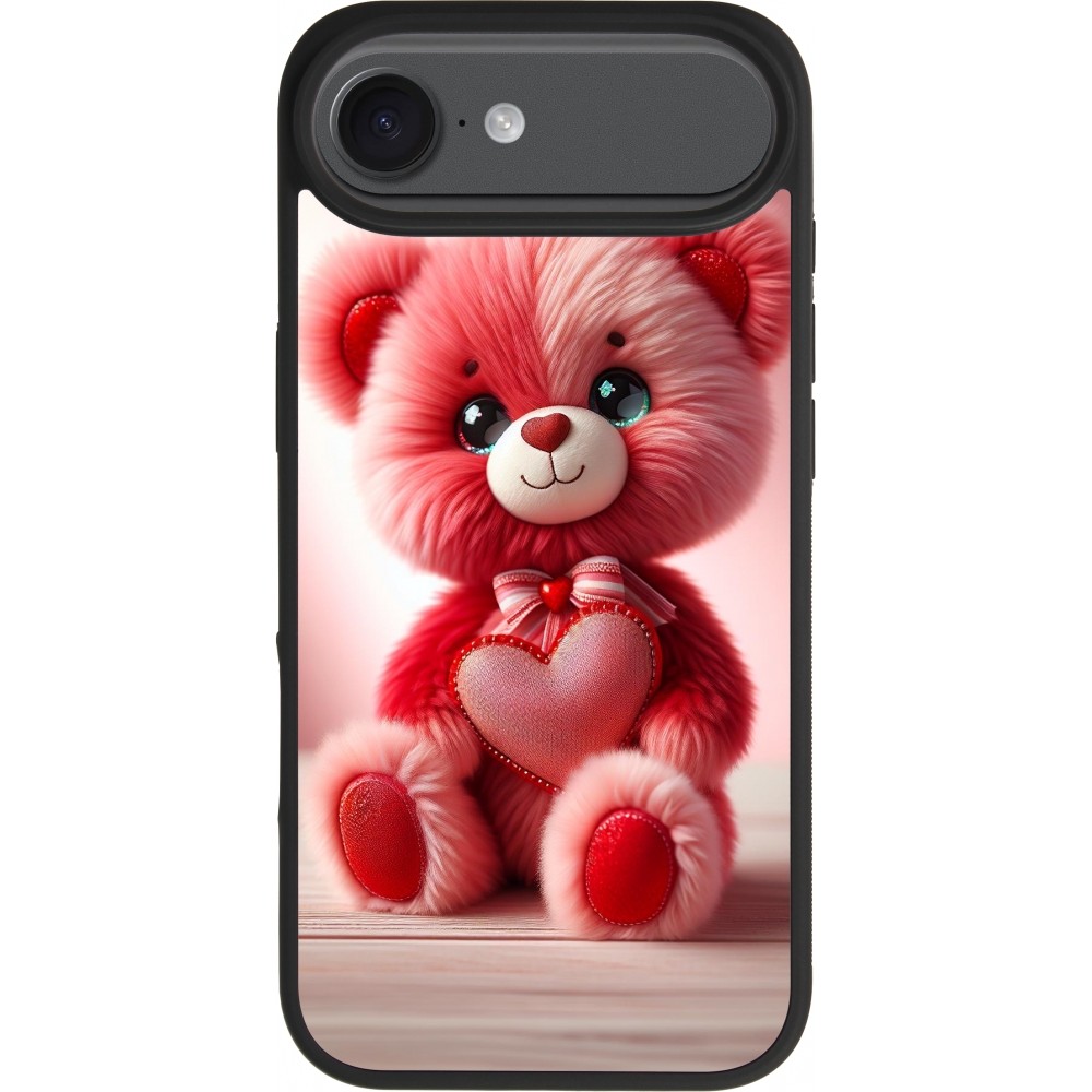 Coque iPhone 17 Air - Silicone rigide noir Valentine 2024 Ourson rose