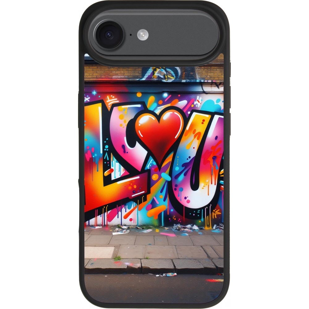 Coque iPhone 17 Air - Silicone rigide noir Valentine 2025 Love U Tag