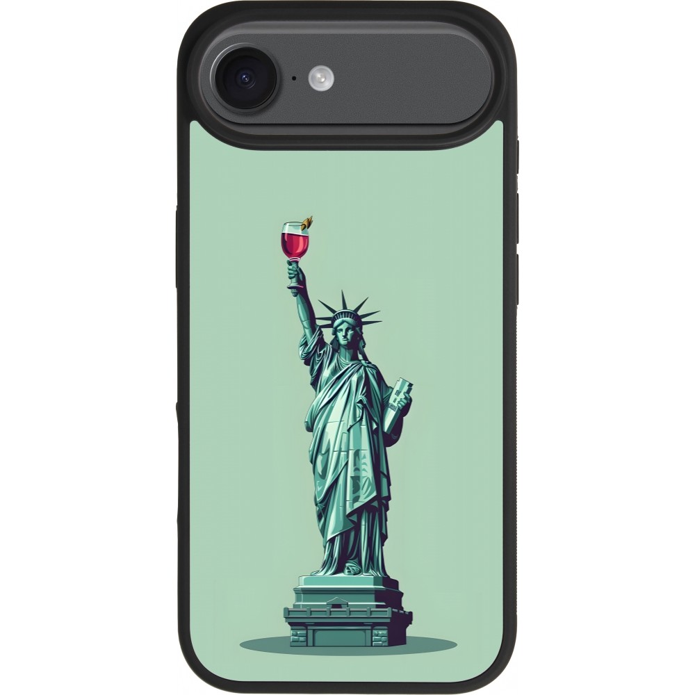 Coque iPhone 17 Air - Silicone rigide noir Wine Statue de la liberté avec un verre de vin