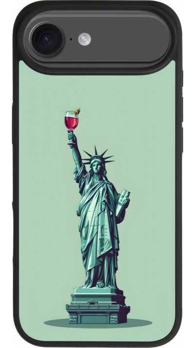 Coque iPhone 17 Air - Silicone rigide noir Wine Statue de la liberté avec un verre de vin