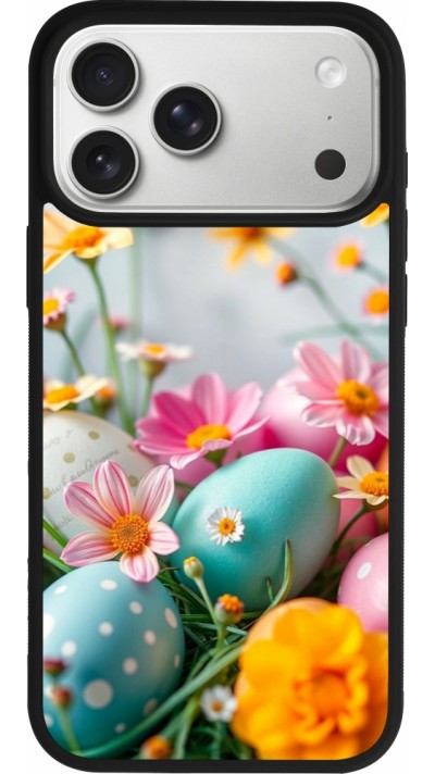 iPhone 17 Pro Max Case Hülle - Silikon schwarz Easter 2026 Eggs with flowers