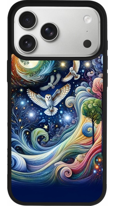 Coque iPhone 17 Pro Max - Silicone rigide noir hibou volant floral