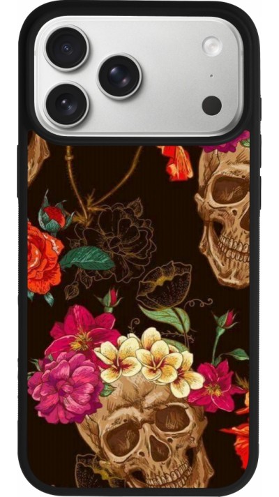 iPhone 17 Pro Max Case Hülle - Silikon schwarz Skulls and flowers