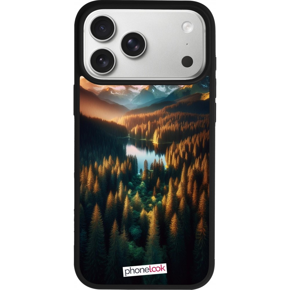 Coque iPhone 17 Pro Max - Silicone rigide noir Sunset Forest Lake