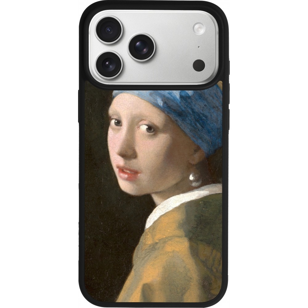 Coque iPhone 17 Pro Max - Silicone rigide noir Tableau art - La Jeune fille à la perle - Johannes Vermeer