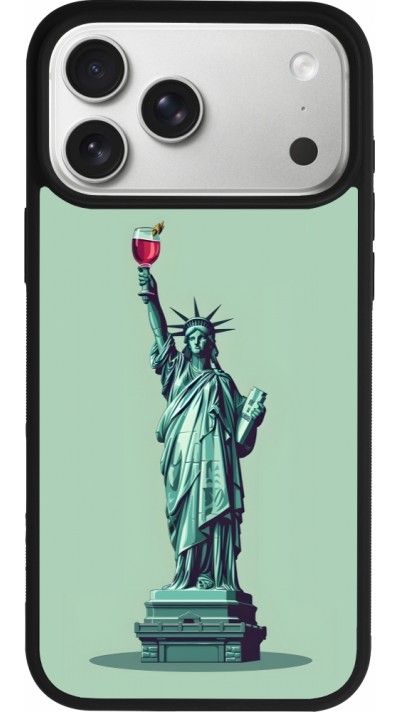 Coque iPhone 17 Pro Max - Silicone rigide noir Wine Statue de la liberté avec un verre de vin