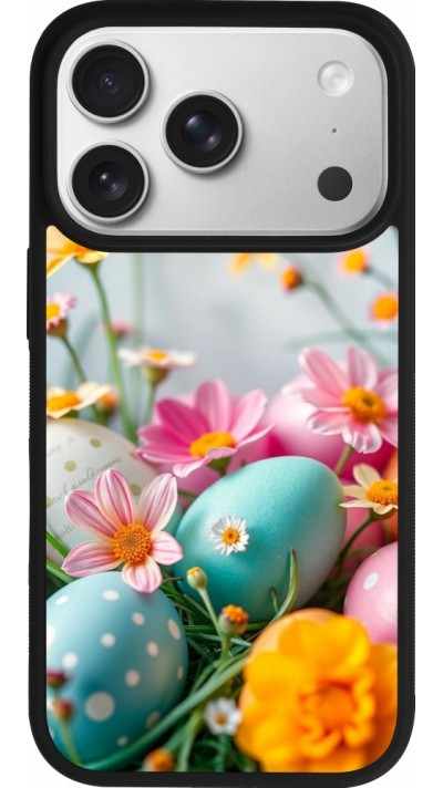 Coque iPhone 17 Pro - Silicone rigide noir Easter 2026 Eggs with flowers