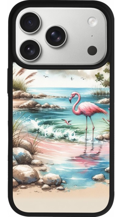 Coque iPhone 17 Pro - Silicone rigide noir Flamant rose aquarelle