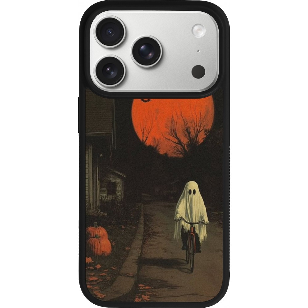 Coque iPhone 17 Pro - Silicone rigide noir Halloween 2025 Ghost on a bicycle