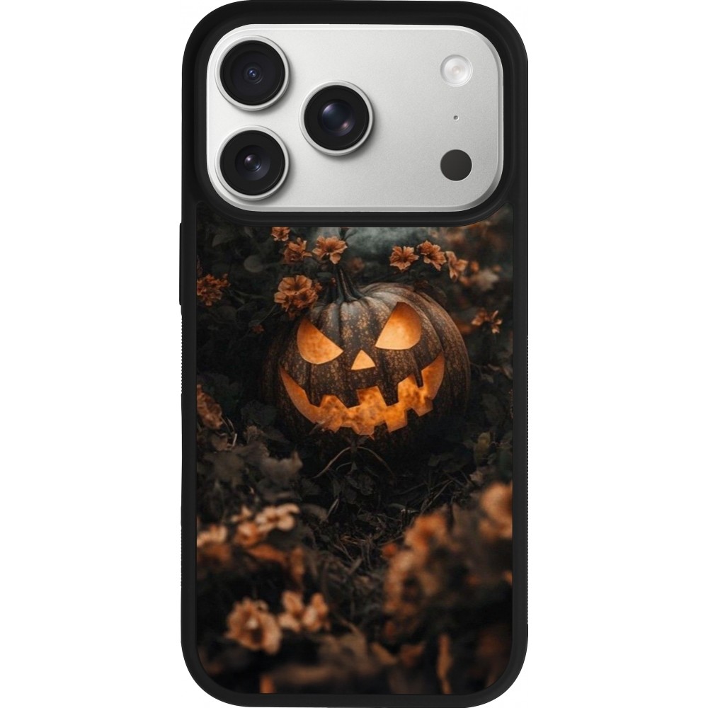 Coque iPhone 17 Pro - Silicone rigide noir Halloween 2025 Pumpkin with flowers
