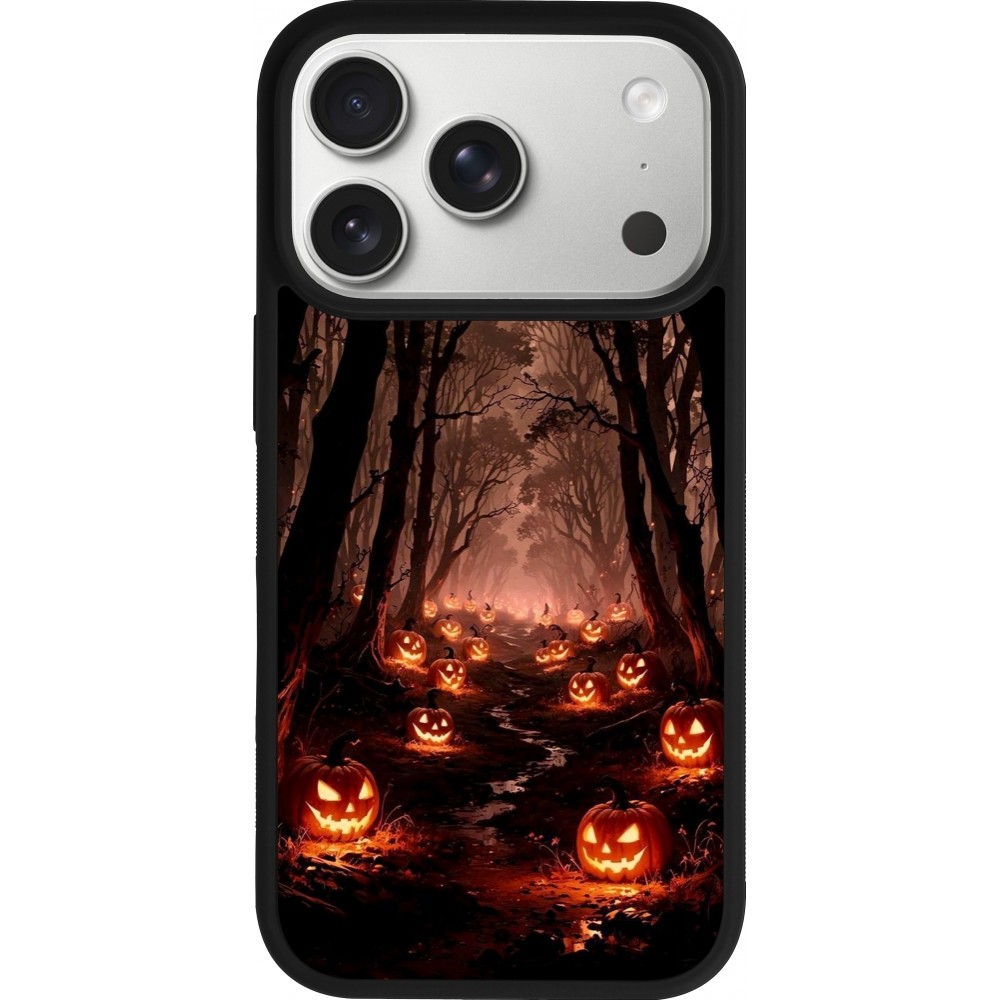 Coque iPhone 17 Pro - Silicone rigide noir Halloween 2025 Road of Terrifying Pumpkins