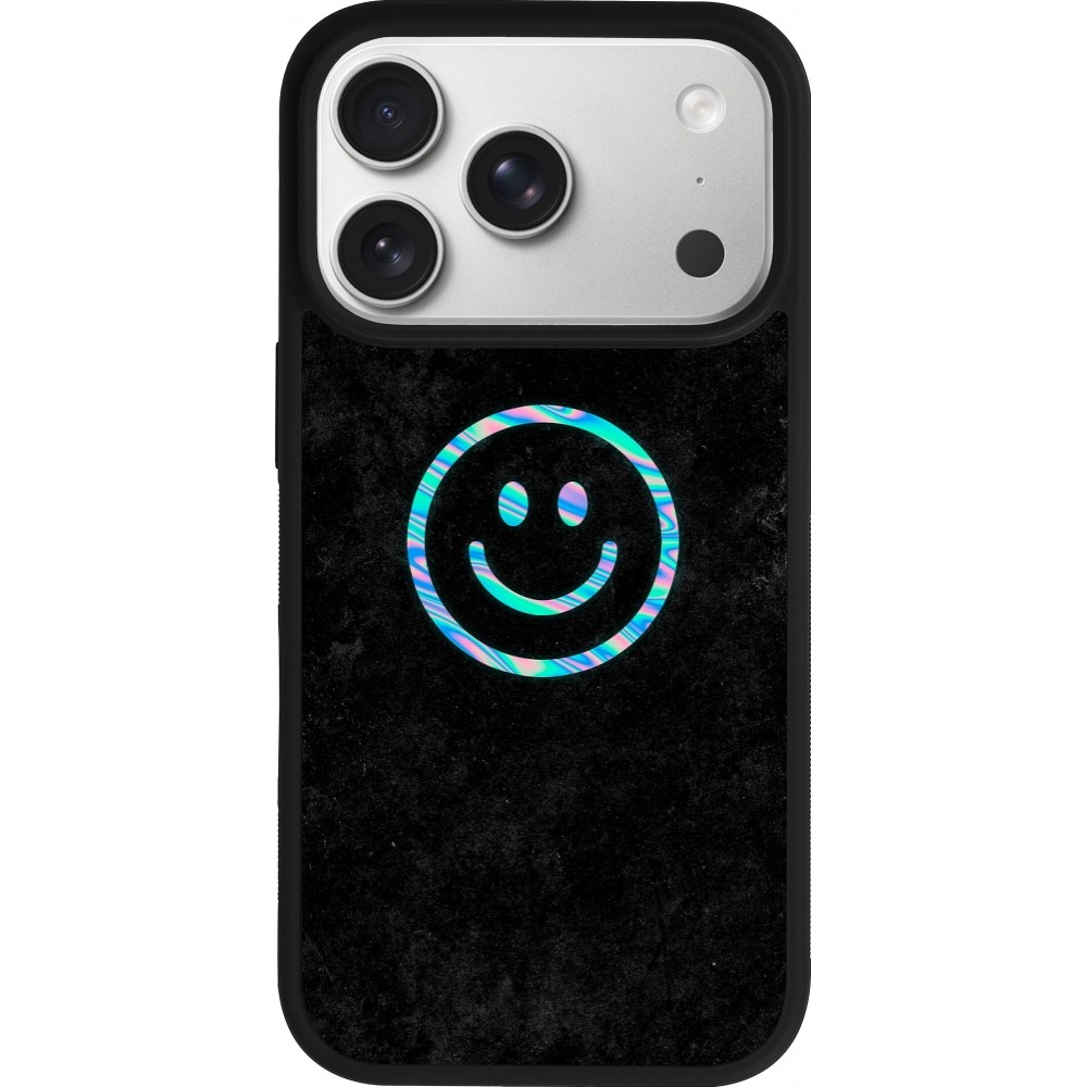Coque iPhone 17 Pro - Silicone rigide noir Happy smiely irisé