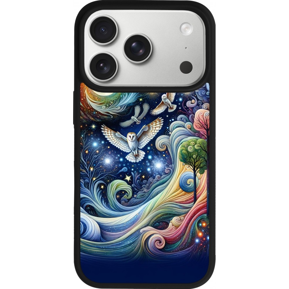 Coque iPhone 17 Pro - Silicone rigide noir hibou volant floral