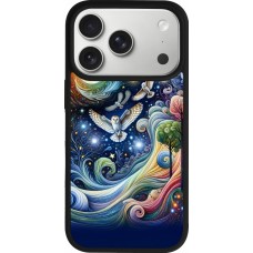 Coque iPhone 17 Pro - Silicone rigide noir hibou volant floral