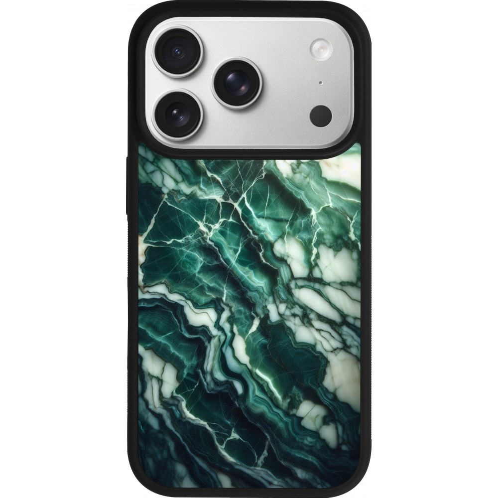Coque iPhone 17 Pro - Silicone rigide noir Marbre vert majestueux