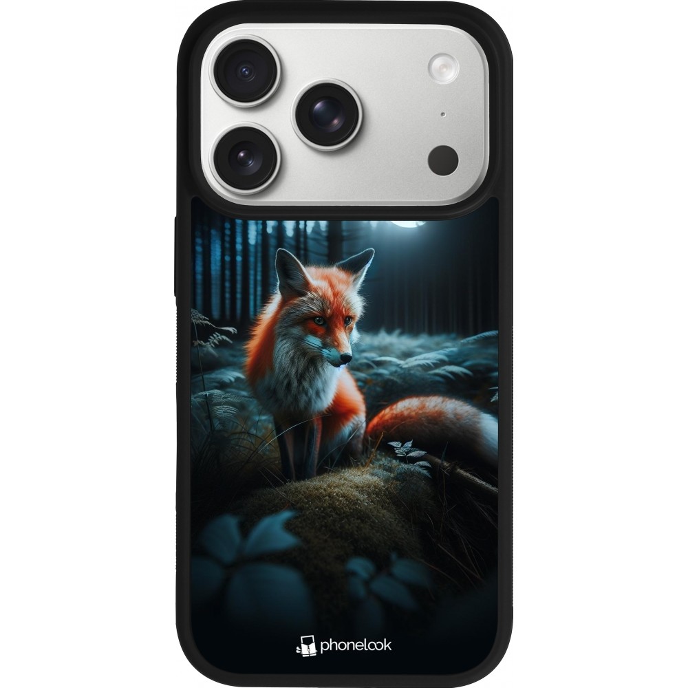 Coque iPhone 17 Pro - Silicone rigide noir Renard lune forêt