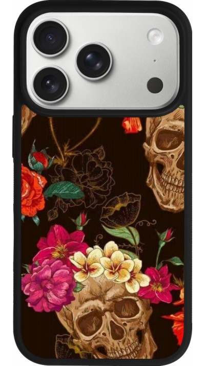 iPhone 17 Pro Case Hülle - Silikon schwarz Skulls and flowers