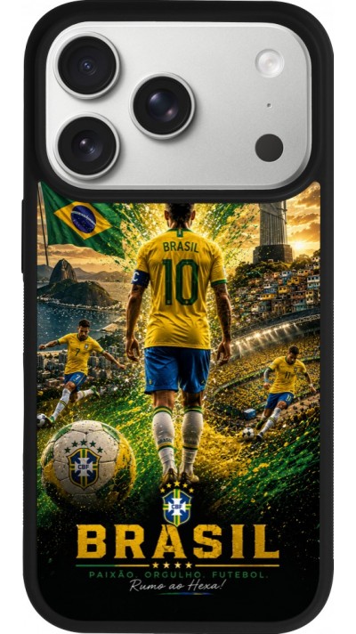Coque iPhone 17 Pro - Silicone rigide noir Football Brésil splash 2026