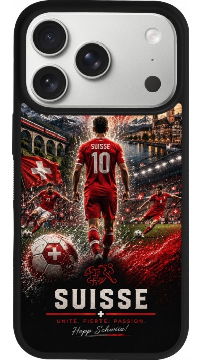 Coque iPhone 17 Pro - Silicone rigide noir Football Suisse splash 2026