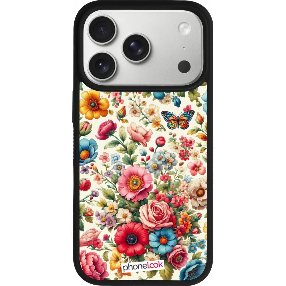 Coque iPhone 17 Pro - Silicone rigide noir Spring 25 printemps fleuri