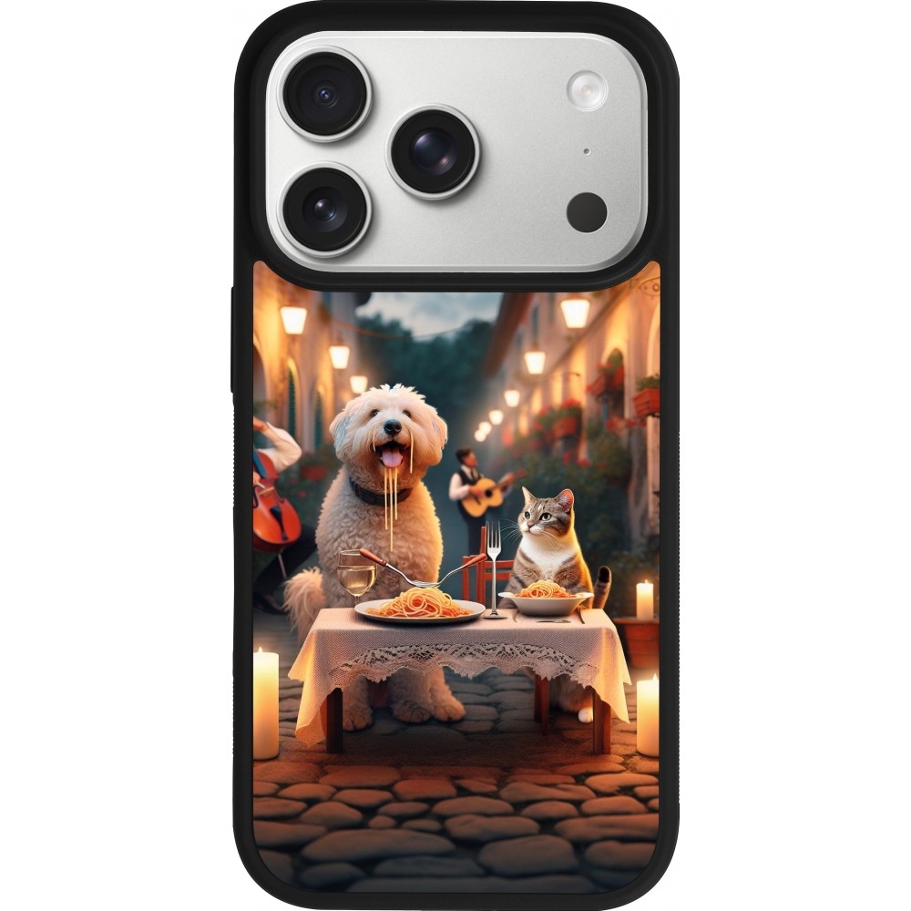 Coque iPhone 17 Pro - Silicone rigide noir Valentine 2024 Dog & Cat Candlelight