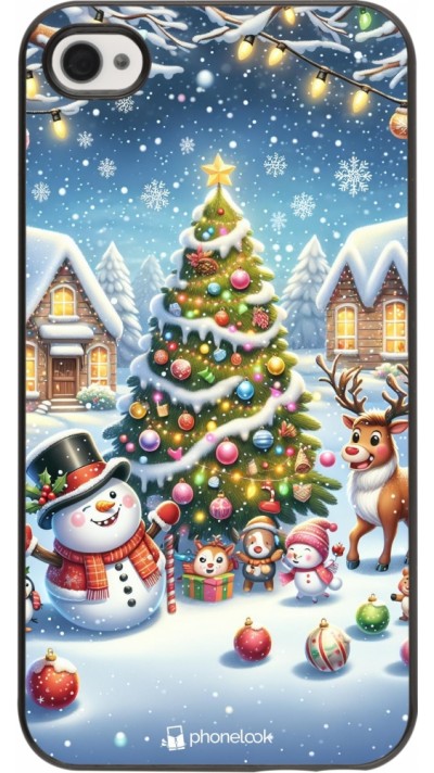 Coque iPhone 4/4s - Noël 2023 bonhomme de neige et sapin