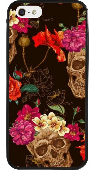 Coque iPhone 5/5s / SE (2016) - Silicone rigide noir Skulls and flowers