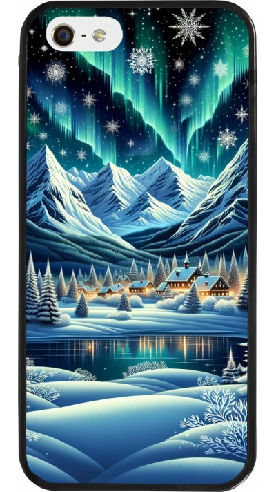 Coque iPhone 5/5s / SE (2016) - Silicone rigide noir Snowy Mountain Village Lake night
