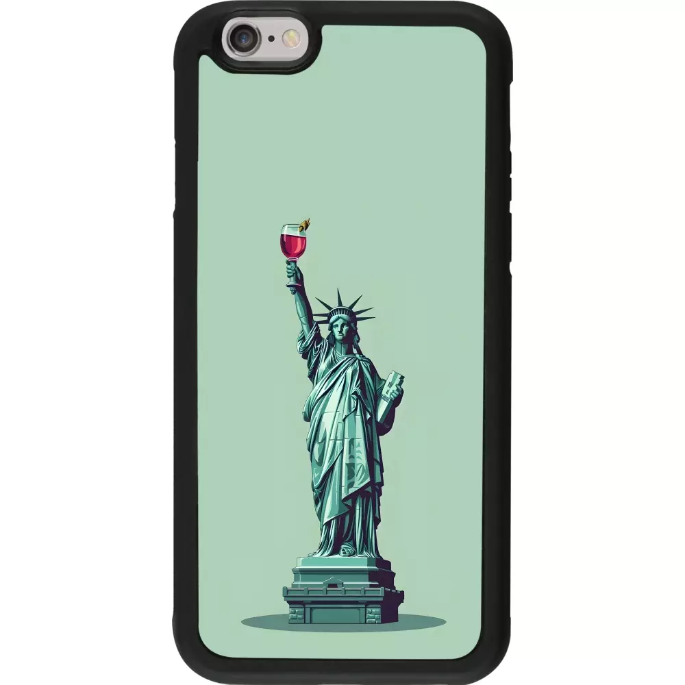 Coque iPhone 6/6s - Silicone rigide noir Wine Statue de la liberté avec un verre de vin