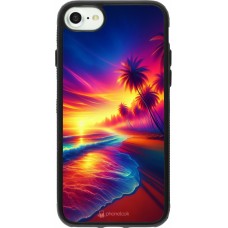 Coque iPhone 7 / 8 / SE (2020, 2022) - Silicone rigide noir Plage coucher soleil flashy