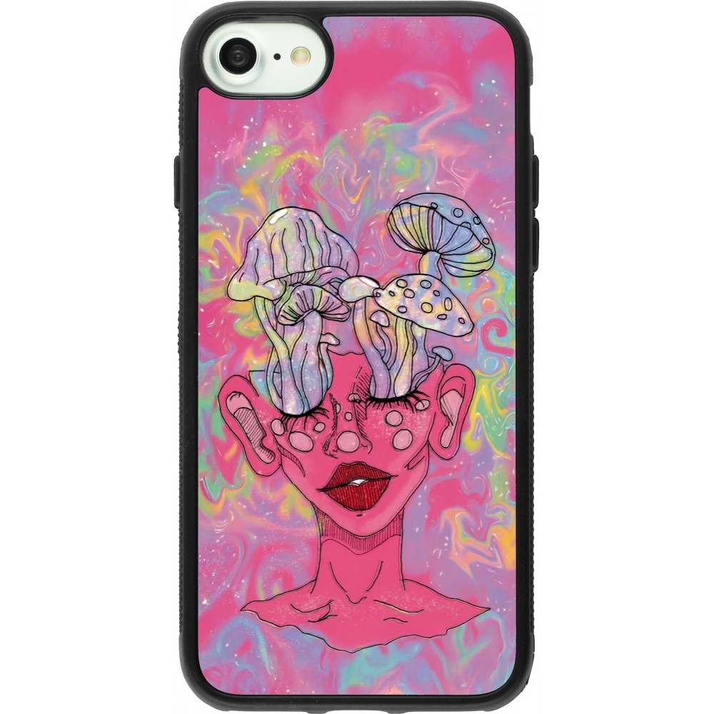 Coque iPhone 7 / 8 / SE (2020, 2022) - Silicone rigide noir Psychedelic pink mushroom