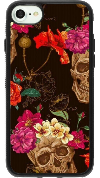 Coque iPhone 7 / 8 / SE (2020, 2022) - Silicone rigide noir Skulls and flowers
