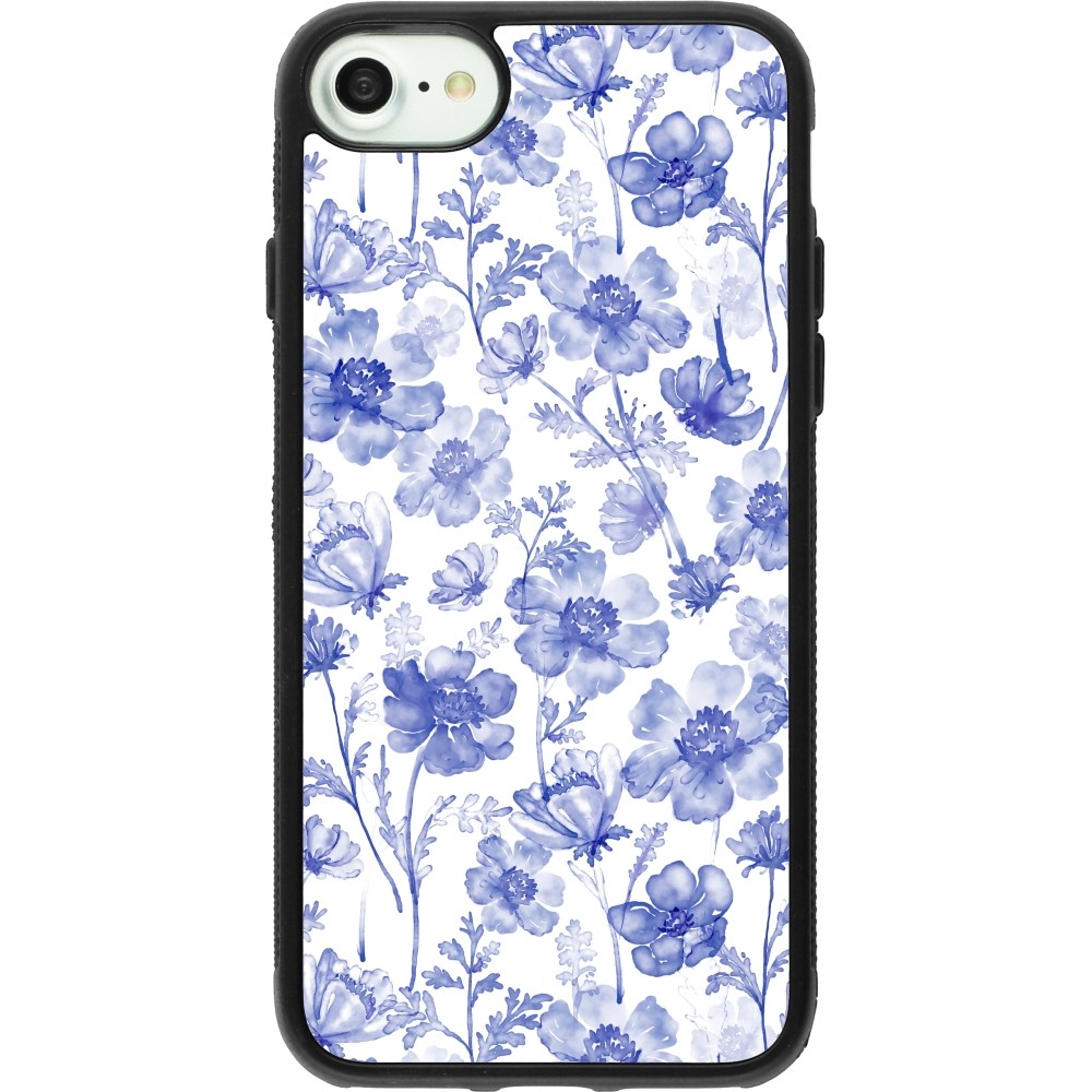 Coque iPhone 7 / 8 / SE (2020, 2022) - Silicone rigide noir Spring 23 watercolor blue flowers