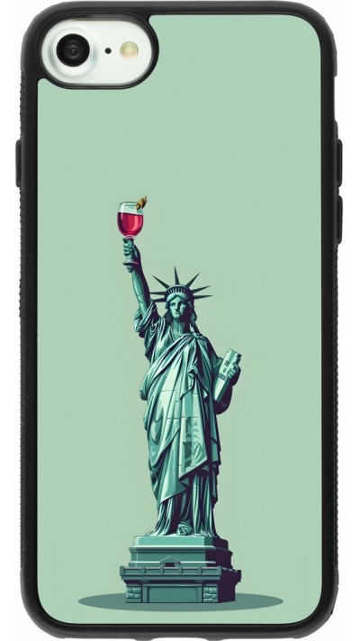 Coque iPhone 7 / 8 / SE (2020, 2022) - Silicone rigide noir Wine Statue de la liberté avec un verre de vin