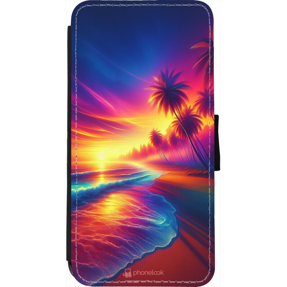 Coque iPhone 7 / 8 / SE (2020, 2022) - Wallet noir Plage coucher soleil flashy