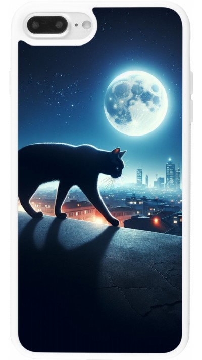 Coque iPhone 7 Plus / 8 Plus - Silicone rigide blanc Chat noir sous la pleine lune