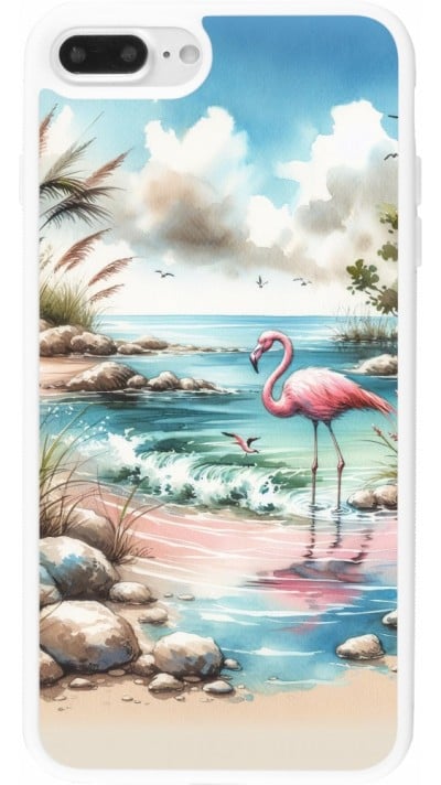 Coque iPhone 7 Plus / 8 Plus - Silicone rigide blanc Flamant rose aquarelle