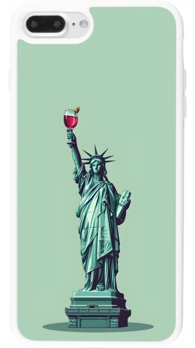 Coque iPhone 7 Plus / 8 Plus - Silicone rigide blanc Wine Statue de la liberté avec un verre de vin