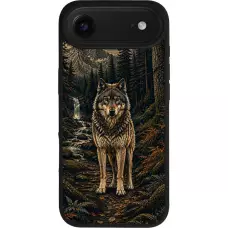 Coque iPhone Air - Silicone rigide noir Linocut Loup