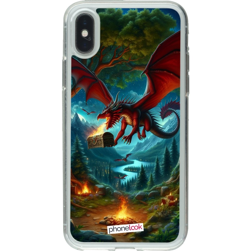 iPhone X / Xs Case Hülle - Gummi transparent Drache Fliegend Wald Schatz