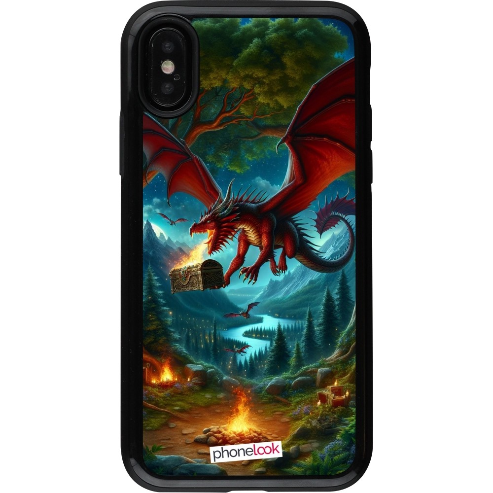 iPhone X / Xs Case Hülle - Hybrid Armor schwarz Drache Fliegend Wald Schatz