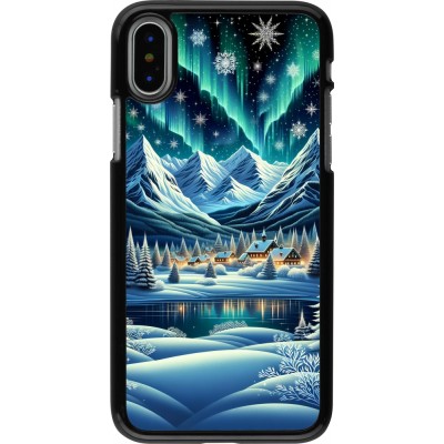 iPhone X / Xs Case Hülle - Verschneites Bergdorf am See in der Nacht