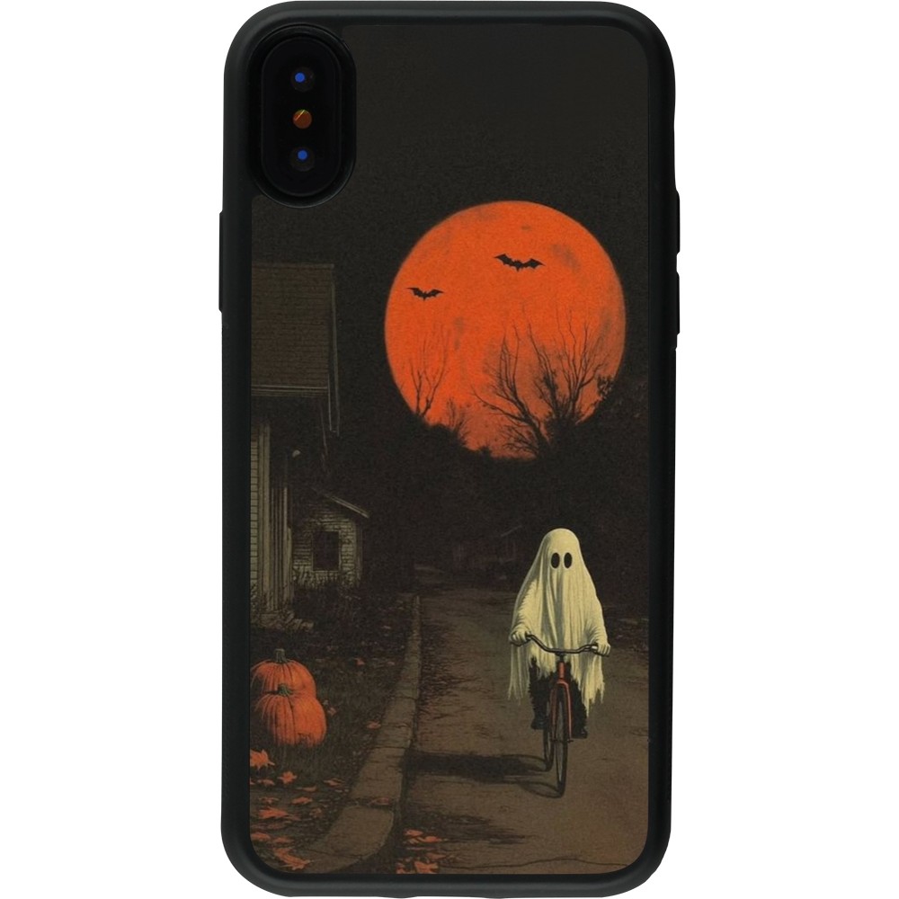 Coque iPhone X / Xs - Silicone rigide noir Halloween 2025 Ghost on a bicycle