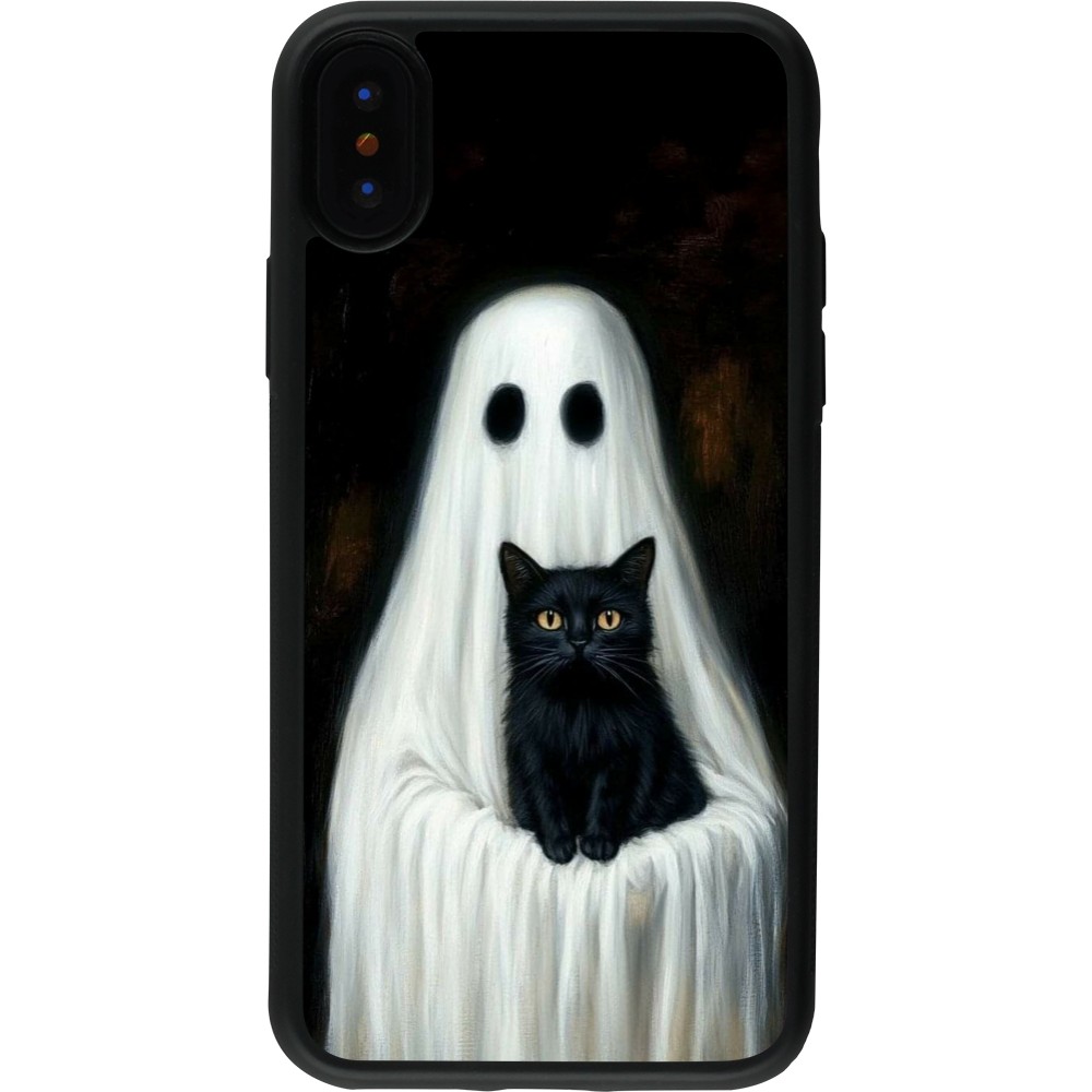 Coque iPhone X / Xs - Silicone rigide noir Halloween 2025 Ghost with black cat